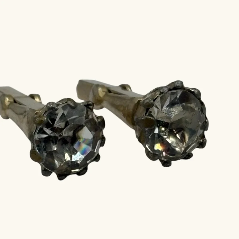 Vintage Cufflinks Large Faceted Crystal Prong Set Gold Tone Formal Suit READ‎